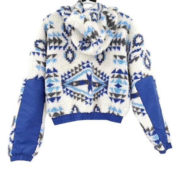 iets frans UO Blue + White Printed Cropped Fleece Jacket Women's S Fair Isle - Picture 5 of 12
